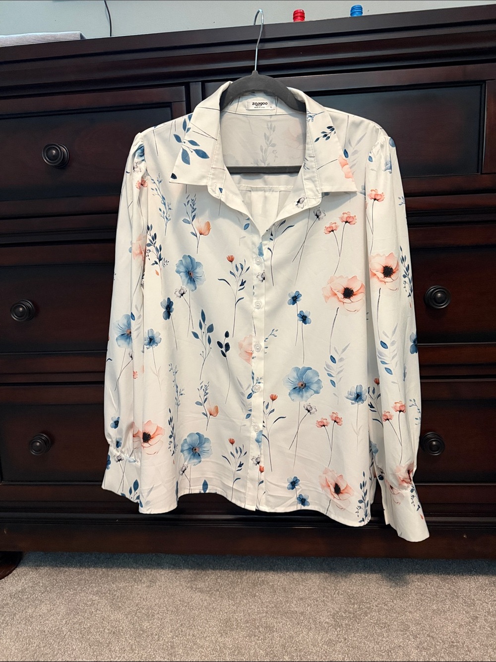 zeagoo White Button-Down Shirt with Blue and Pink Floral Print